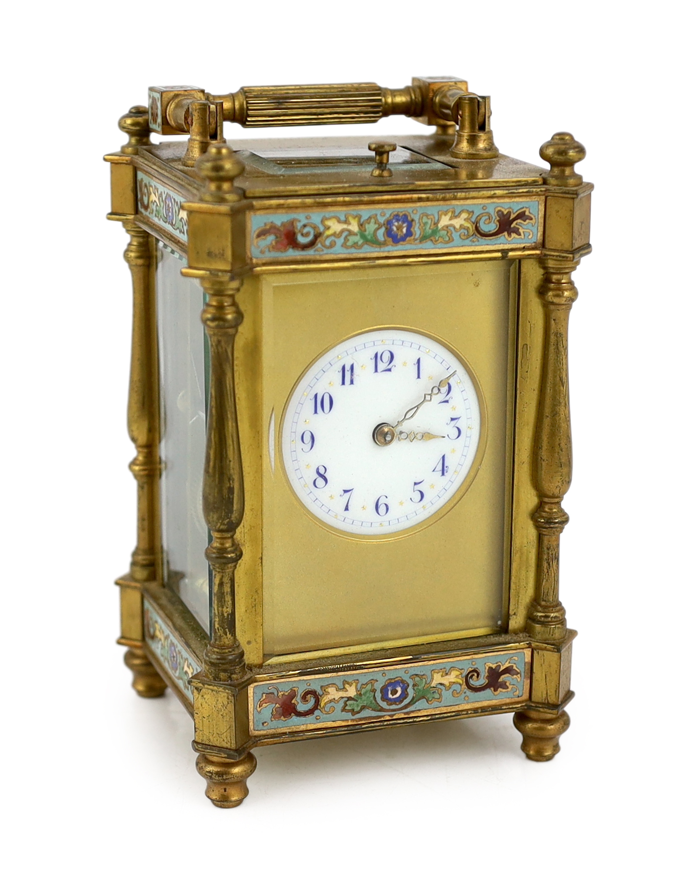 An early 20th century French ormolu and champlevé enamel hour repeating carriage clock